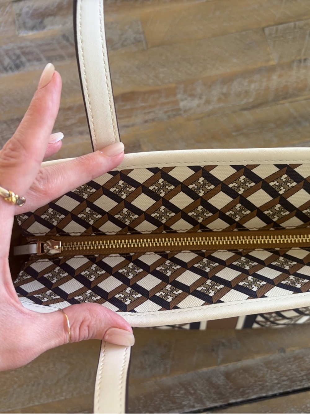 Tory Burch Brown, Cream & Navy Geometric Tote - Picture 6 of 8